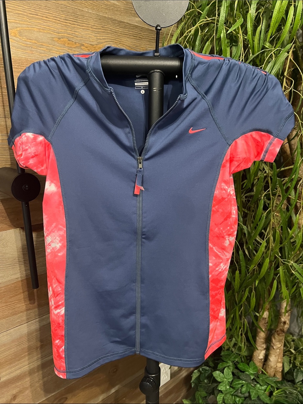 Nike short sleeve full zip dri fit athletic tee. Blue /hot pink tie dye sides L